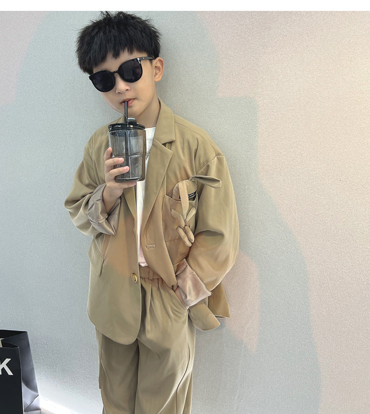 School Boys Suits Casual Blazer Wide-legged Trousers Two Piece Kids Clothes Set Khaki Loose Children Wedding Birthday Costumes