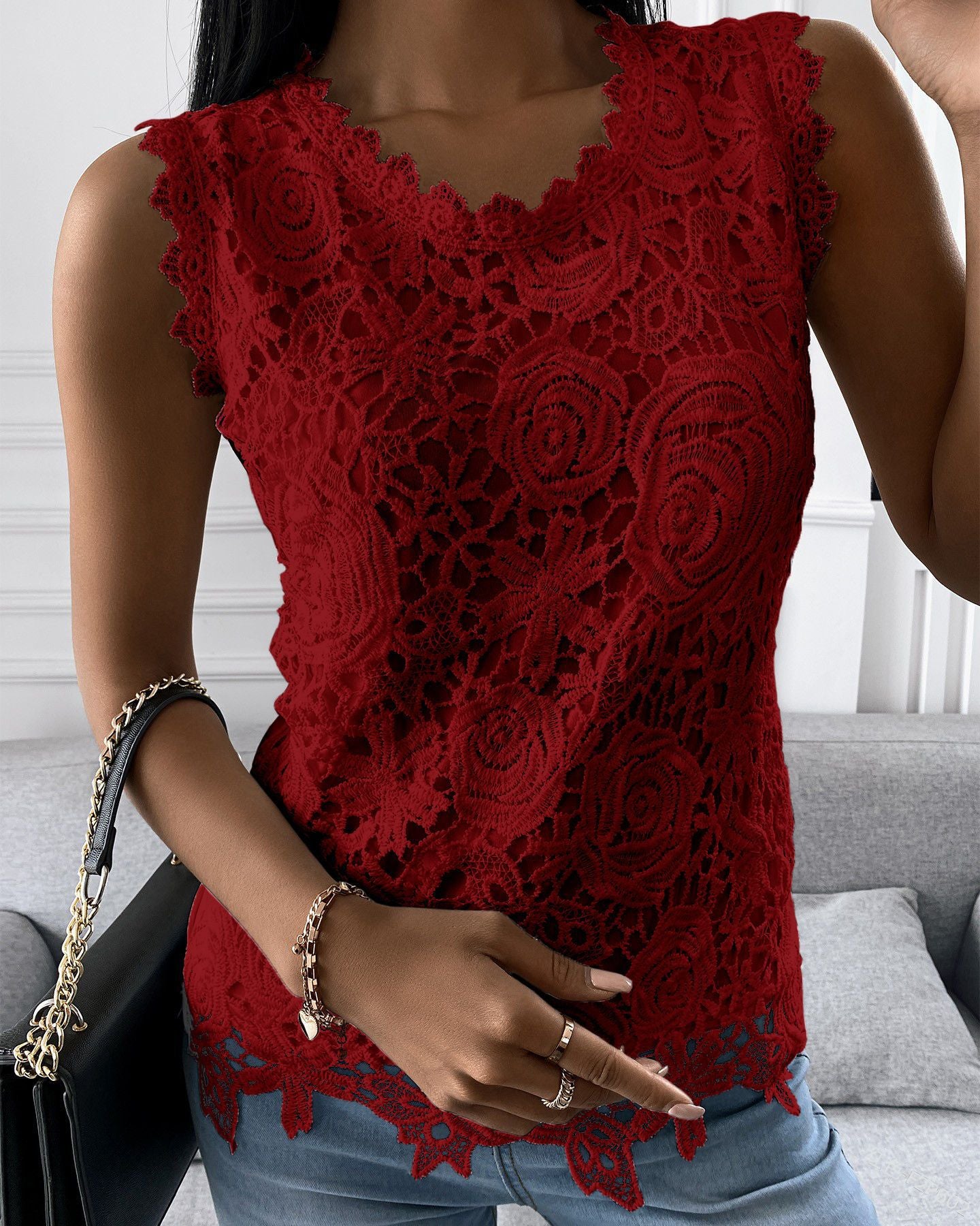Summer Floral Lace Sleeveless Blouse O Neck Tank Top For Women Rose Pattern