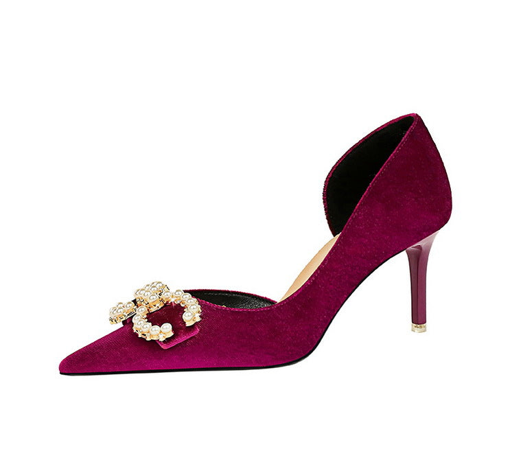 BIGTREE Shoes 7 cm Kitten high heels Rhinestone buckle Pearl Design Women Pumps Suede Ladies Heels Stilettos Luxury party shoes