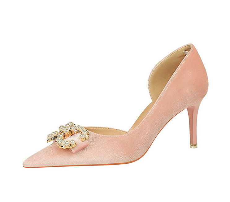 BIGTREE Shoes 7 cm Kitten high heels Rhinestone buckle Pearl Design Women Pumps Suede Ladies Heels Stilettos Luxury party shoes