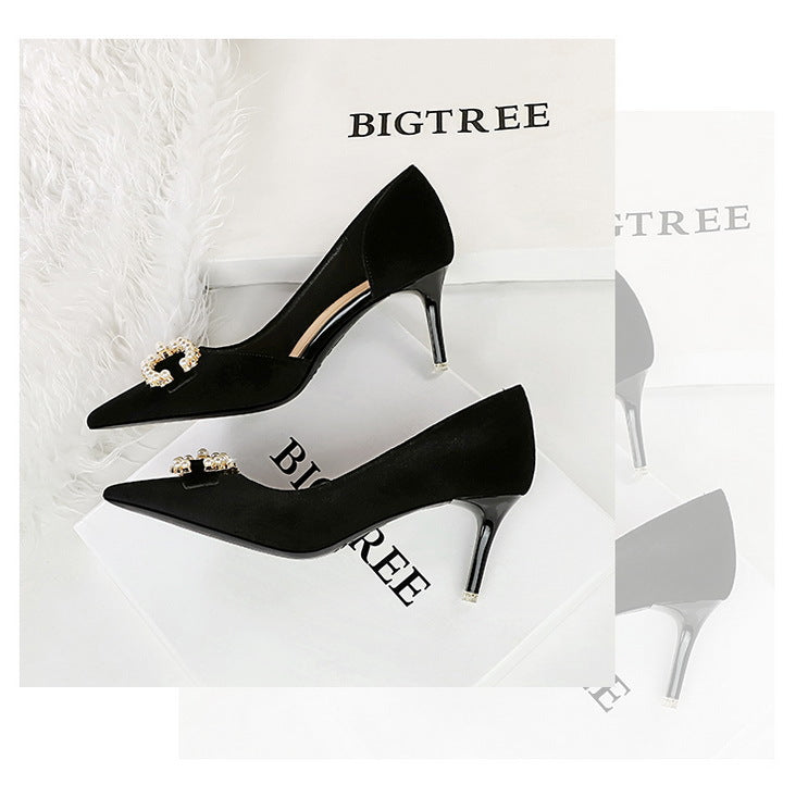 BIGTREE Shoes 7 cm Kitten high heels Rhinestone buckle Pearl Design Women Pumps Suede Ladies Heels Stilettos Luxury party shoes
