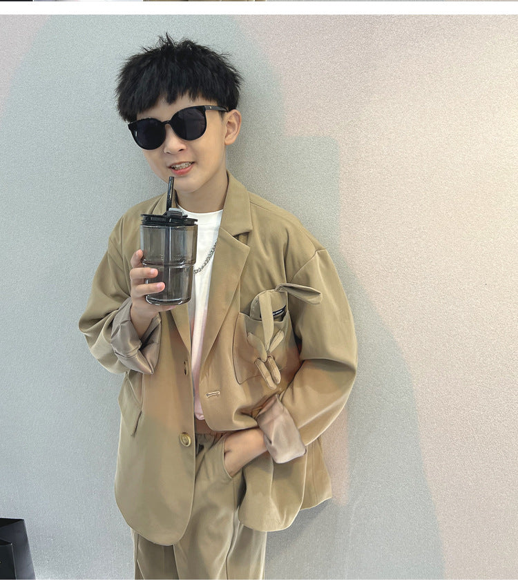 School Boys Suits Casual Blazer Wide-legged Trousers Two Piece Kids Clothes Set Khaki Loose Children Wedding Birthday Costumes
