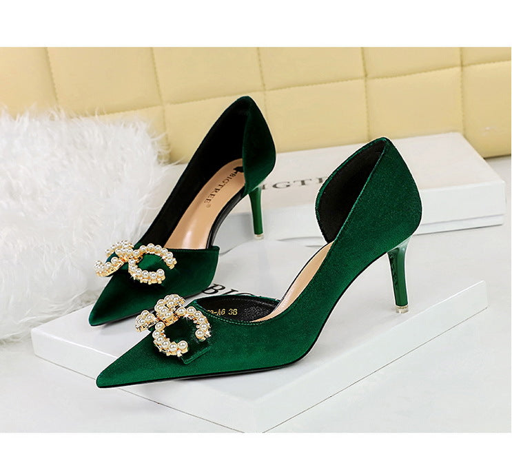 BIGTREE Shoes 7 cm Kitten high heels Rhinestone buckle Pearl Design Women Pumps Suede Ladies Heels Stilettos Luxury party shoes