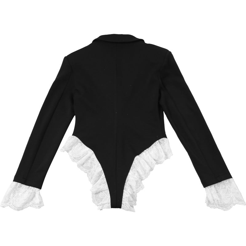 European Style New Women's Clothing Sexy Hottie Deep V Lapel Lace Long Sleeves Color Blocking Jumpsuit For Women