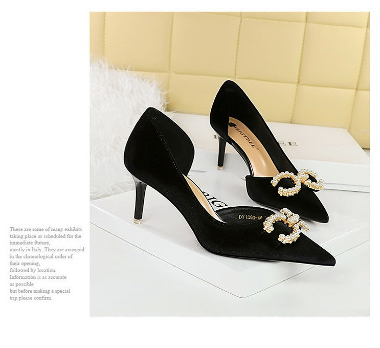 BIGTREE Shoes 7 cm Kitten high heels Rhinestone buckle Pearl Design Women Pumps Suede Ladies Heels Stilettos Luxury party shoes