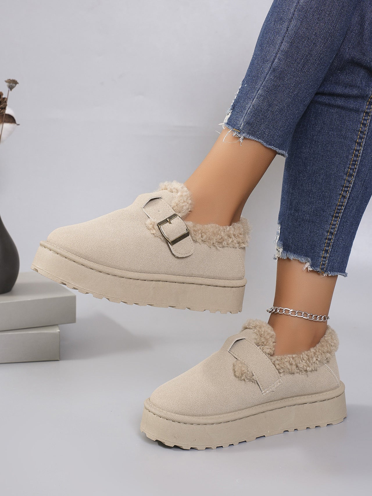 Retro Birkenstock Snow Shoes for Women, Fleece-Lined Loafers, 2026 New Winter Style, Slip-On Thick-Soled Warm Cotton Shoes