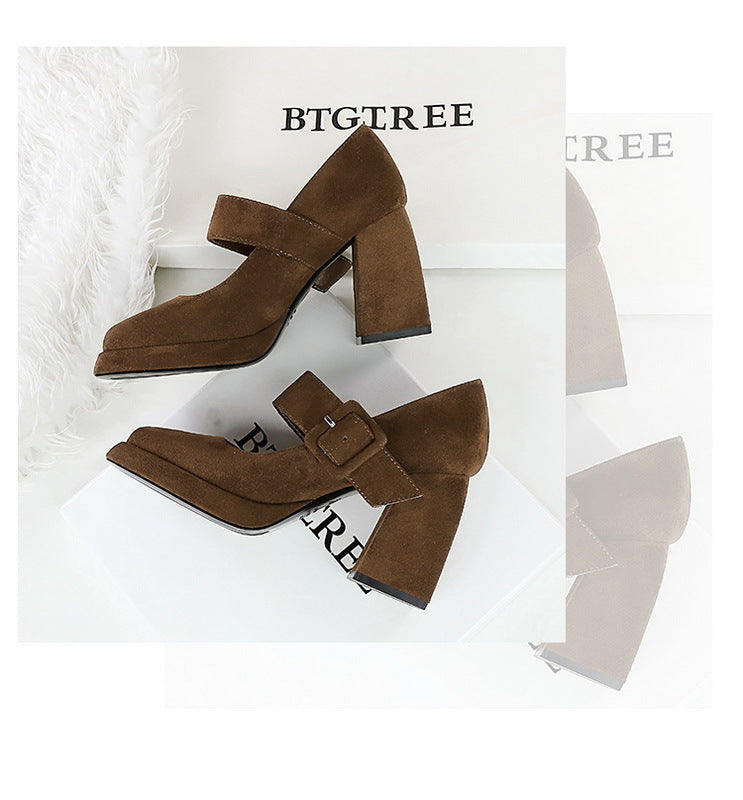 BIGTREE shoes Spring Chunky Women Pumps Belt buckle High Heels Square headed platform heels Suede Block Heels Ladies shoes New