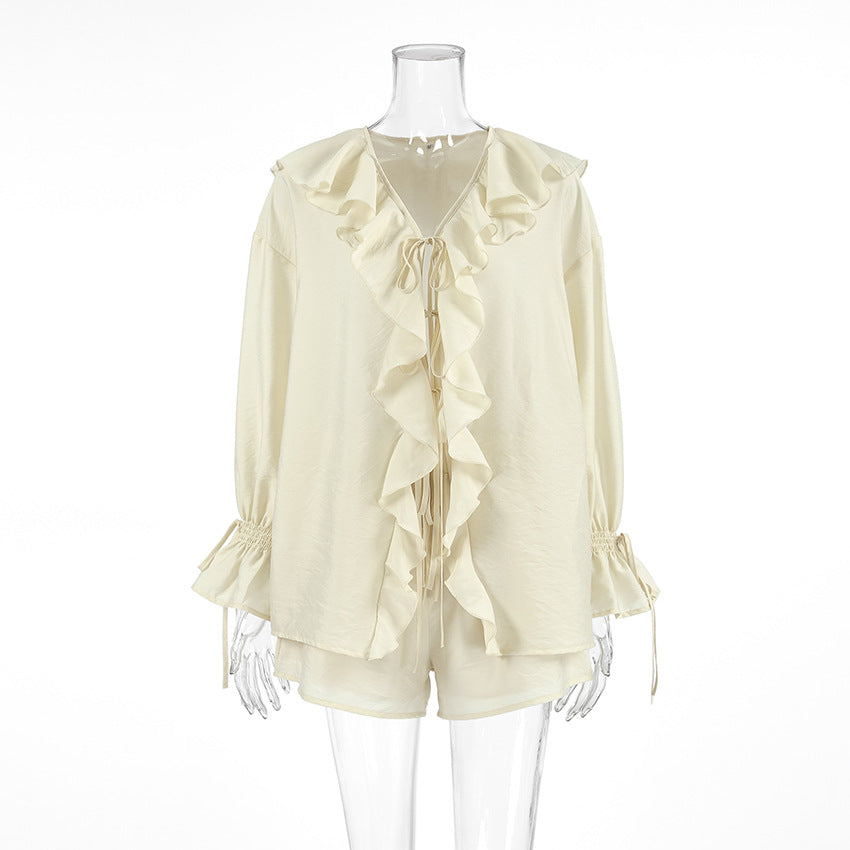 Tornova Women's Ruffled Shorts Sets V Neck Loose Lace Up Shirt Loose Through Sexy Casual Shorts Female Spring New Matching Sets