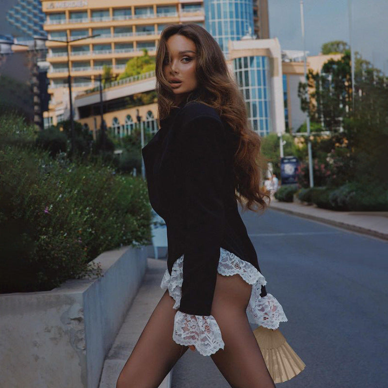 European Style New Women's Clothing Sexy Hottie Deep V Lapel Lace Long Sleeves Color Blocking Jumpsuit For Women