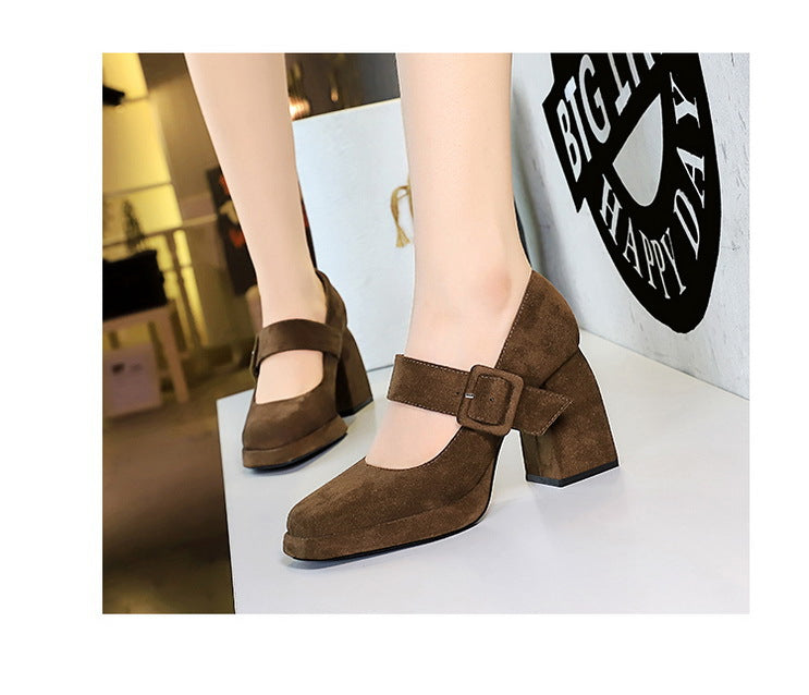 BIGTREE shoes Spring Chunky Women Pumps Belt buckle High Heels Square headed platform heels Suede Block Heels Ladies shoes New