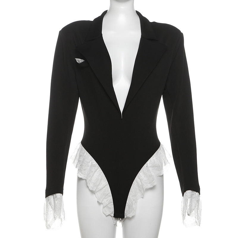 European Style New Women's Clothing Sexy Hottie Deep V Lapel Lace Long Sleeves Color Blocking Jumpsuit For Women