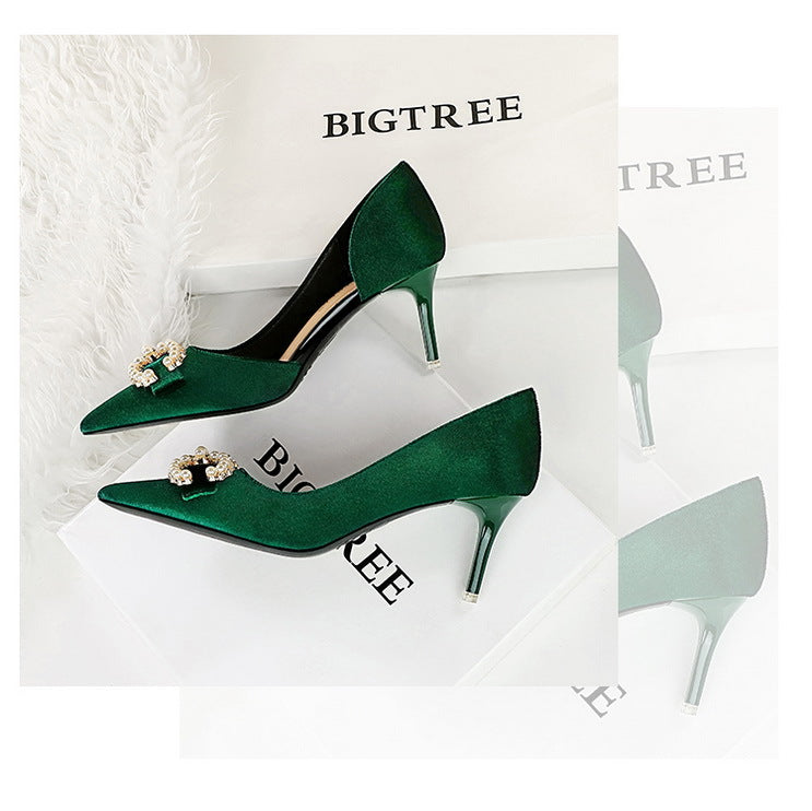 BIGTREE Shoes 7 cm Kitten high heels Rhinestone buckle Pearl Design Women Pumps Suede Ladies Heels Stilettos Luxury party shoes