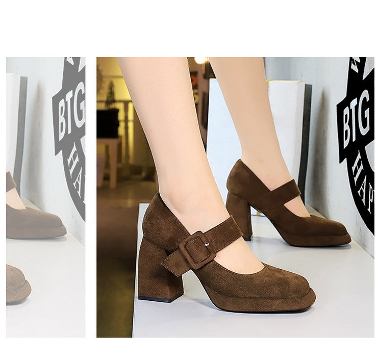 BIGTREE shoes Spring Chunky Women Pumps Belt buckle High Heels Square headed platform heels Suede Block Heels Ladies shoes New
