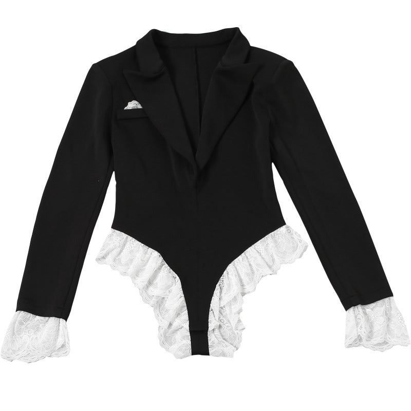 European Style New Women's Clothing Sexy Hottie Deep V Lapel Lace Long Sleeves Color Blocking Jumpsuit For Women