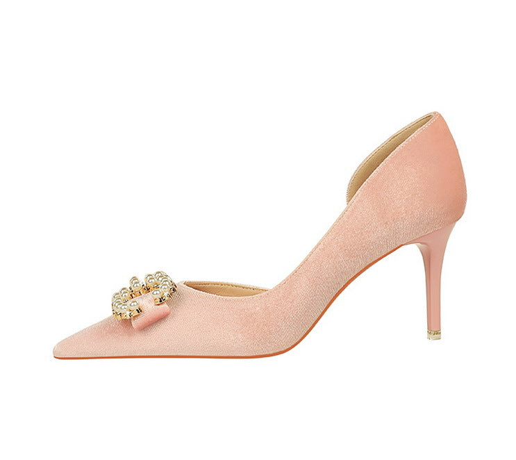 BIGTREE Shoes 7 cm Kitten high heels Rhinestone buckle Pearl Design Women Pumps Suede Ladies Heels Stilettos Luxury party shoes