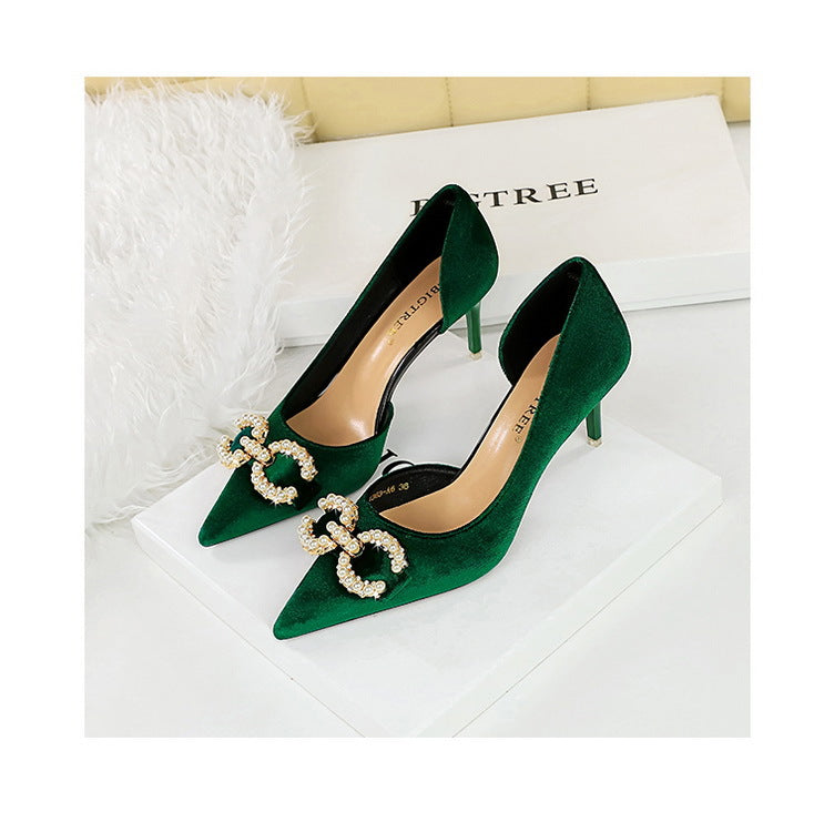 BIGTREE Shoes 7 cm Kitten high heels Rhinestone buckle Pearl Design Women Pumps Suede Ladies Heels Stilettos Luxury party shoes