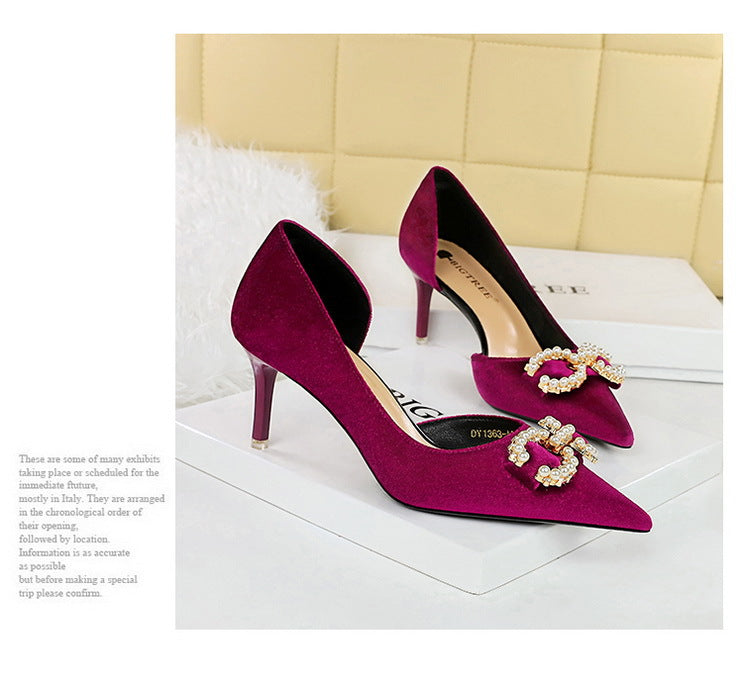 BIGTREE Shoes 7 cm Kitten high heels Rhinestone buckle Pearl Design Women Pumps Suede Ladies Heels Stilettos Luxury party shoes