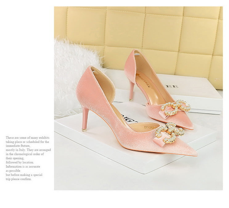 BIGTREE Shoes 7 cm Kitten high heels Rhinestone buckle Pearl Design Women Pumps Suede Ladies Heels Stilettos Luxury party shoes