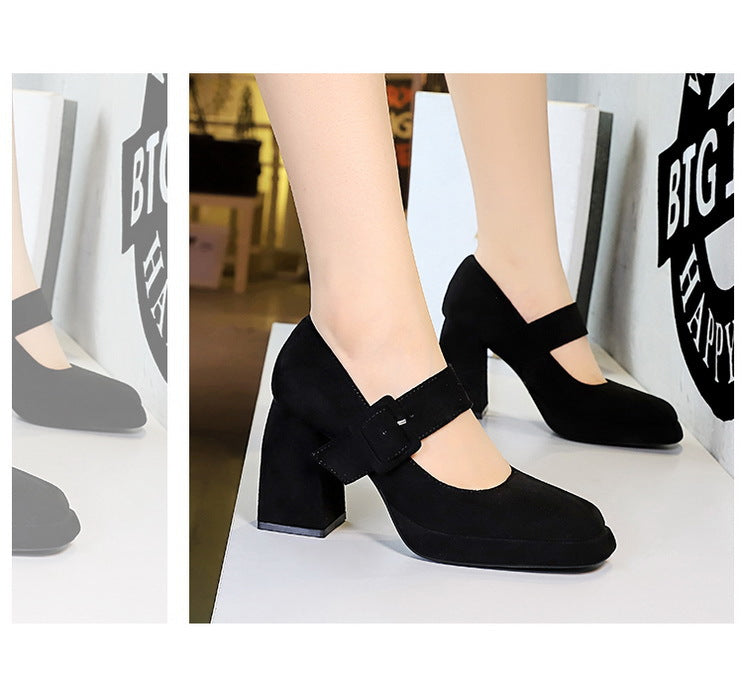 BIGTREE shoes Spring Chunky Women Pumps Belt buckle High Heels Square headed platform heels Suede Block Heels Ladies shoes New