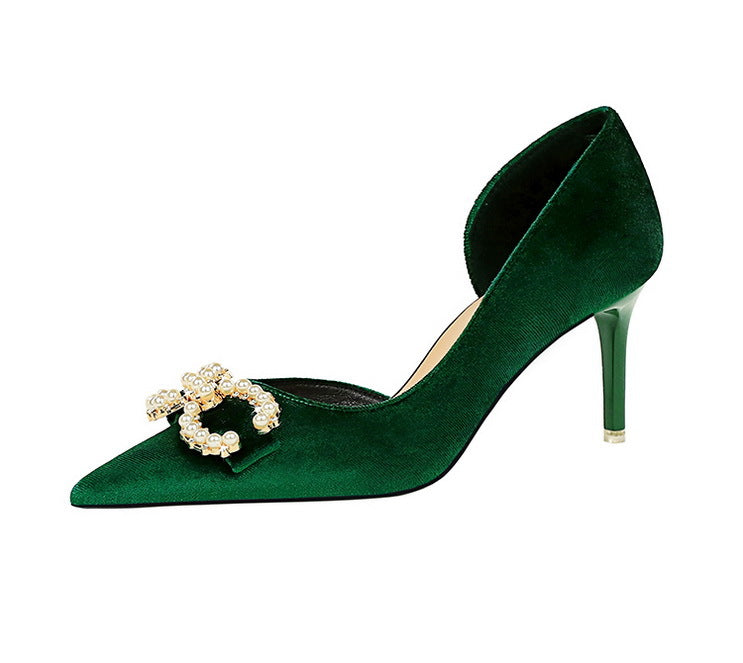 BIGTREE Shoes 7 cm Kitten high heels Rhinestone buckle Pearl Design Women Pumps Suede Ladies Heels Stilettos Luxury party shoes
