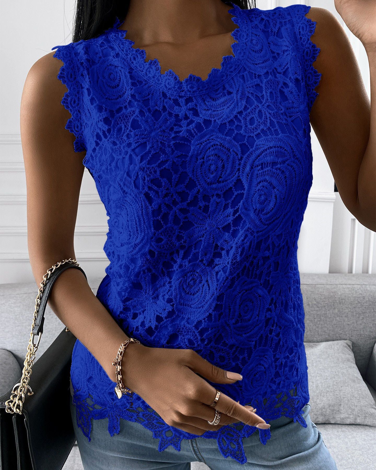 Summer Floral Lace Sleeveless Blouse Elegant Intricate Rose Pattern Top Casual O Neck Women's Tanks Top Solid Color Party Shirt