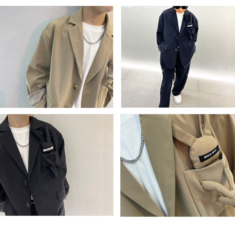 School Boys Suits Casual Blazer Wide-legged Trousers Two Piece Kids Clothes Set Khaki Loose Children Wedding Birthday Costumes