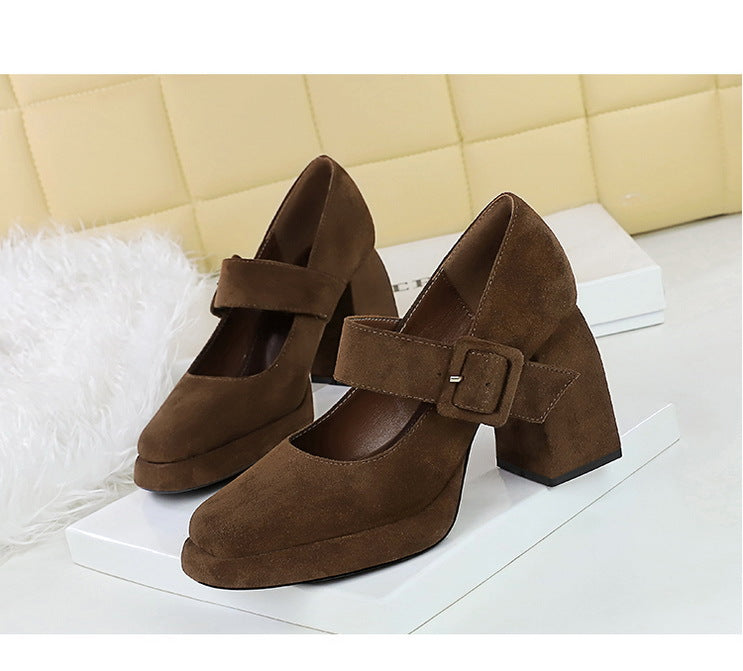 BIGTREE shoes Spring Chunky Women Pumps Belt buckle High Heels Square headed platform heels Suede Block Heels Ladies shoes New