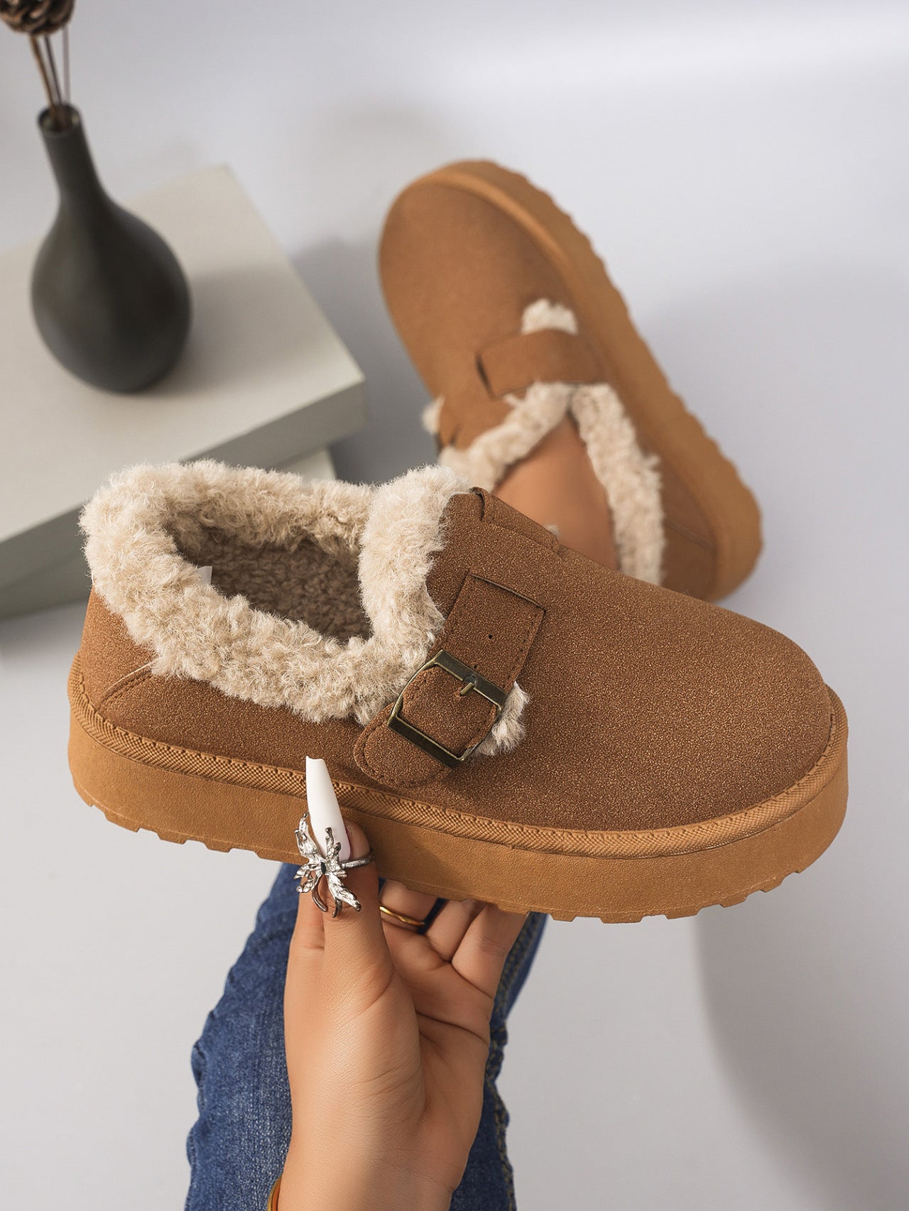 Retro Birkenstock Snow Shoes for Women, Fleece-Lined Loafers, 2026 New Winter Style, Slip-On Thick-Soled Warm Cotton Shoes