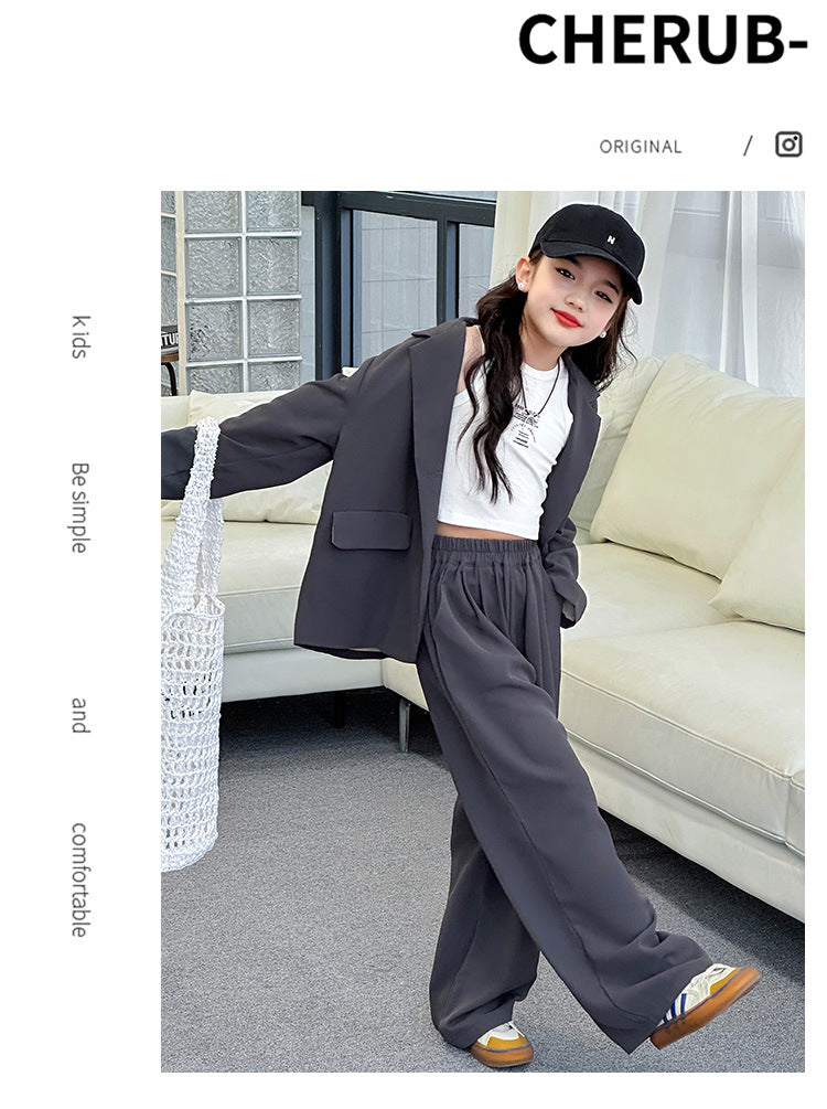 Spring Autumn Girls Blazer Suits Clothing Set Kids Jackets+Pants Fashion Loose Teenage Casual Outfits 4-14 child Casual Costumes