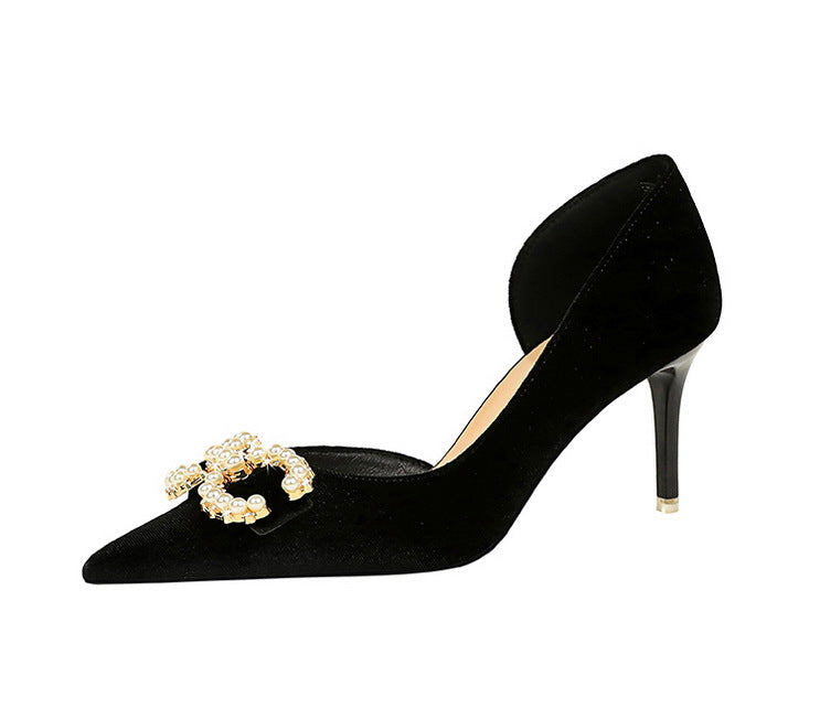 BIGTREE Shoes 7 cm Kitten high heels Rhinestone buckle Pearl Design Women Pumps Suede Ladies Heels Stilettos Luxury party shoes