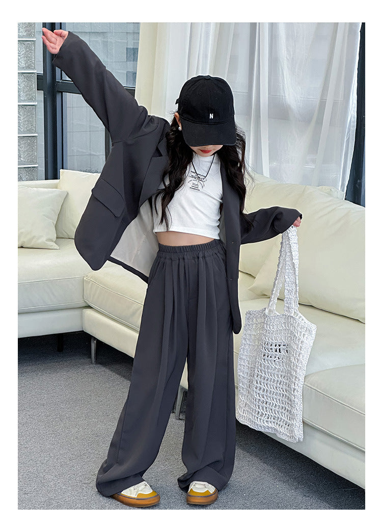 Spring Autumn Girls Blazer Suits Clothing Set Kids Jackets+Pants Fashion Loose Teenage Casual Outfits 4-14 child Casual Costumes