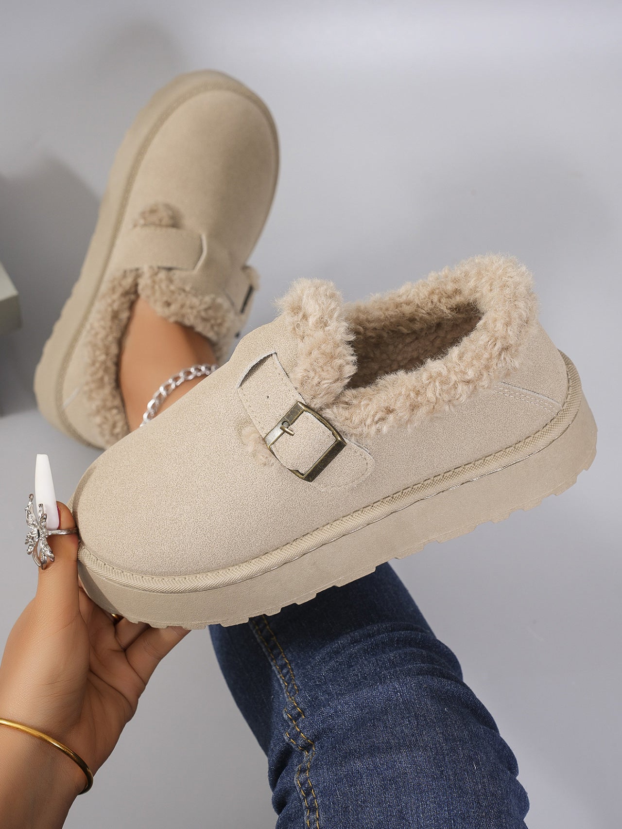Retro Birkenstock Snow Shoes for Women, Fleece-Lined Loafers, 2026 New Winter Style, Slip-On Thick-Soled Warm Cotton Shoes