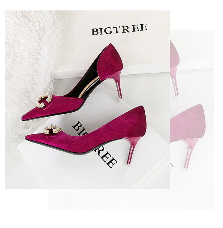 BIGTREE Shoes 7 cm Kitten high heels Rhinestone buckle Pearl Design Women Pumps Suede Ladies Heels Stilettos Luxury party shoes