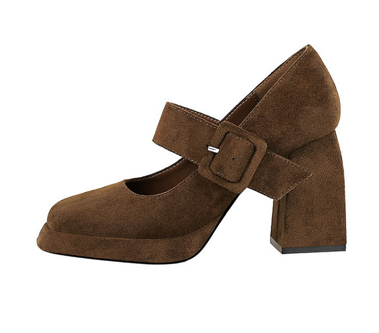 BIGTREE shoes Spring Chunky Women Pumps Belt buckle High Heels Square headed platform heels Suede Block Heels Ladies shoes New