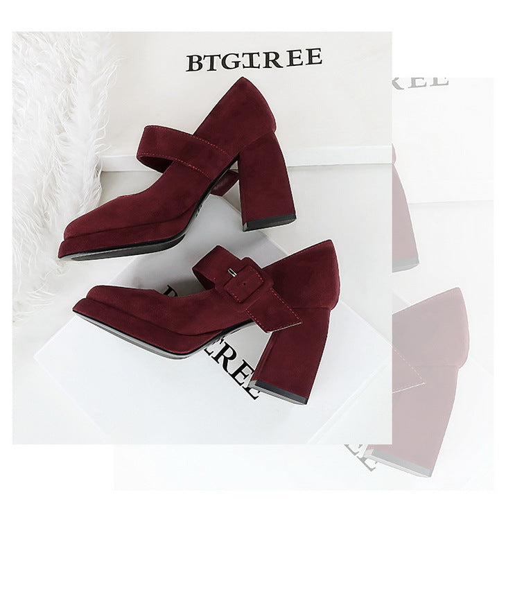 BIGTREE shoes Spring Chunky Women Pumps Belt buckle High Heels Square headed platform heels Suede Block Heels Ladies shoes New