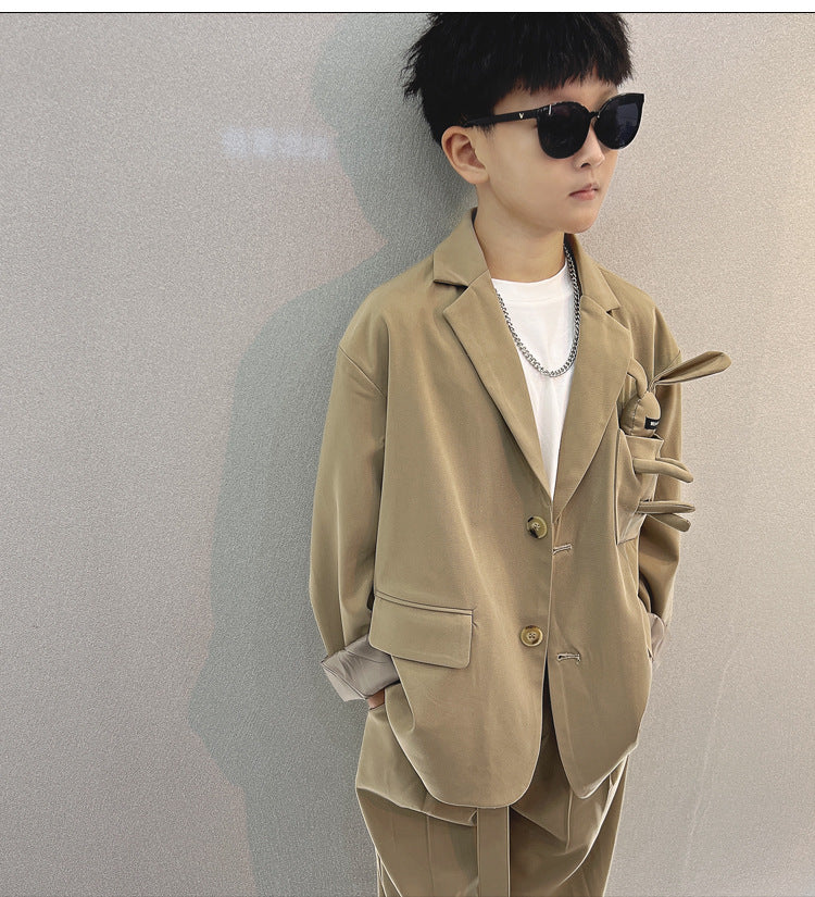 School Boys Suits Casual Blazer Wide-legged Trousers Two Piece Kids Clothes Set Khaki Loose Children Wedding Birthday Costumes