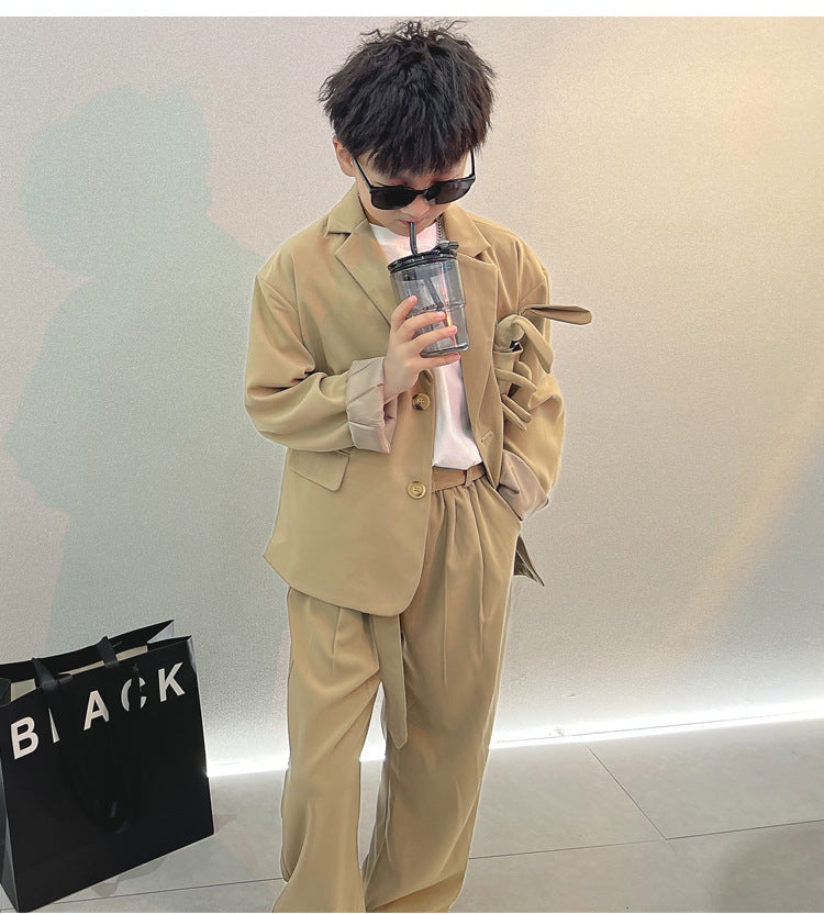 School Boys Suits Casual Blazer Wide-legged Trousers Two Piece Kids Clothes Set Khaki Loose Children Wedding Birthday Costumes