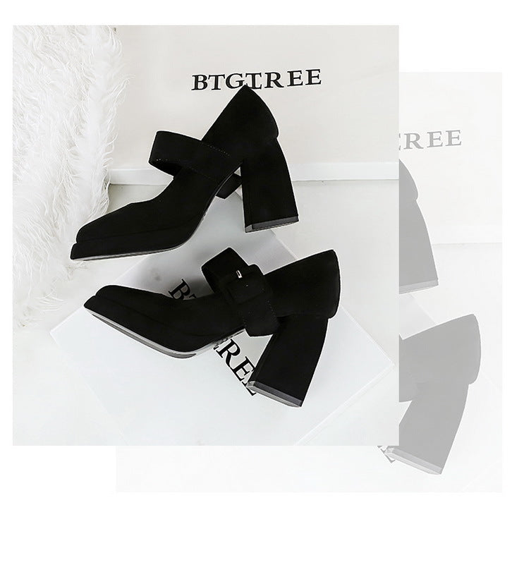 BIGTREE shoes Spring Chunky Women Pumps Belt buckle High Heels Square headed platform heels Suede Block Heels Ladies shoes New