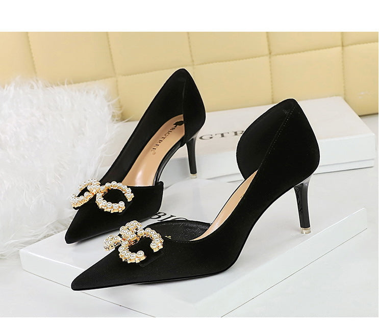 BIGTREE Shoes 7 cm Kitten high heels Rhinestone buckle Pearl Design Women Pumps Suede Ladies Heels Stilettos Luxury party shoes