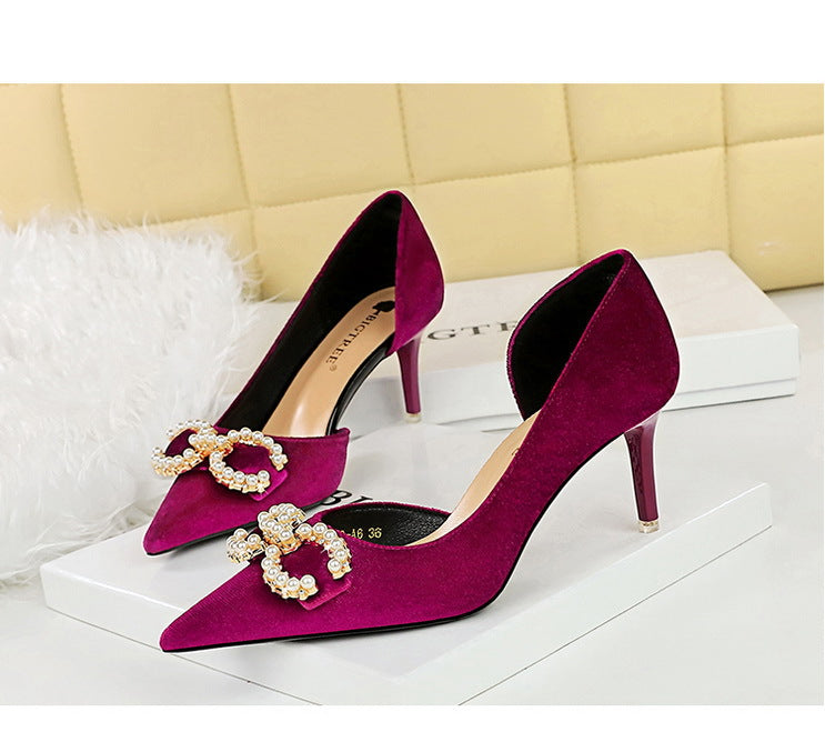 BIGTREE Shoes 7 cm Kitten high heels Rhinestone buckle Pearl Design Women Pumps Suede Ladies Heels Stilettos Luxury party shoes