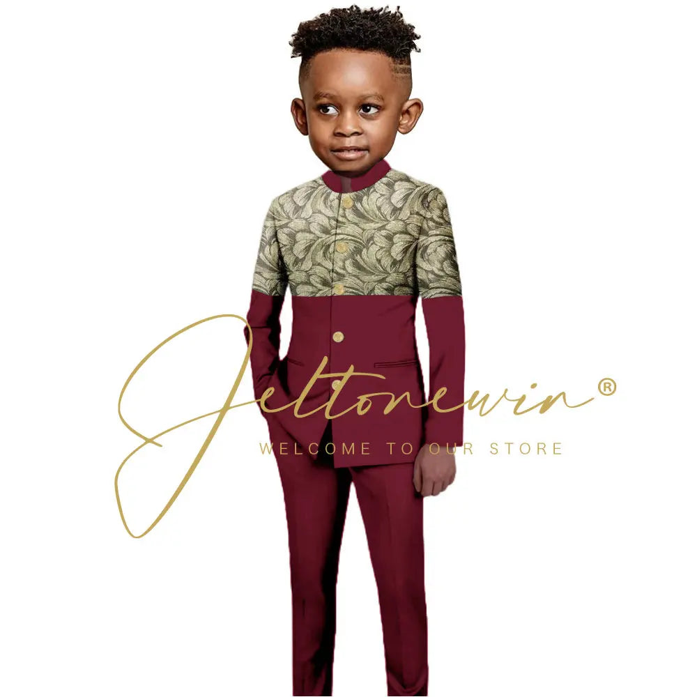 African Style Boys Suit Burgundy Gold Floral Jacket Pants 2 Piece Set Stand Collar Blazer Wedding Tuxedo Kids Formal Party Dress