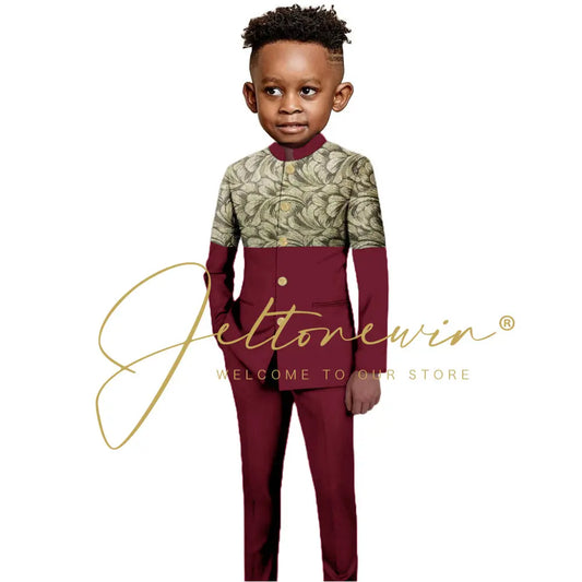 African Style Boys Suit Burgundy Gold Floral Jacket Pants 2 Piece Set Stand Collar Blazer Wedding Tuxedo Kids Formal Party Dress