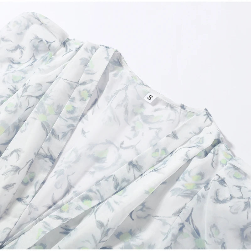 Casual Printed Mini Dress Women Full Sleeve Button V-neck Lady Short Dresses Waist Tape 2026 Spring Summer Female Robe Beach