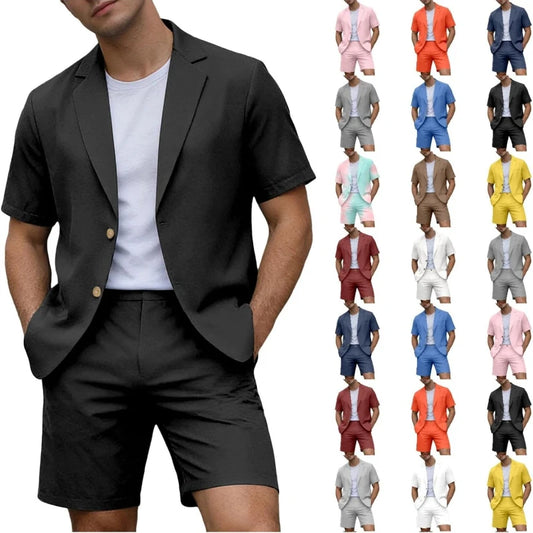 Suits for Men Short Sleeve Blazer Jacket Shorts Set Lightweight Wedding Party Business Casual Formal Outfits