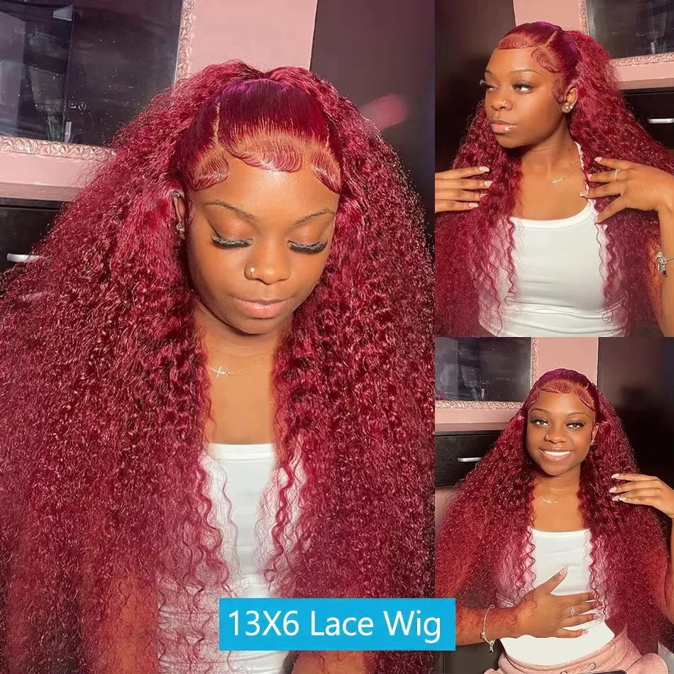 Burgundy 13x6 Hd Lace Front Human Hair Wig Curly Wig Red Wigs 40 Inch Transparent Lace Deep Wave Frontal Wig 99j 200 Density