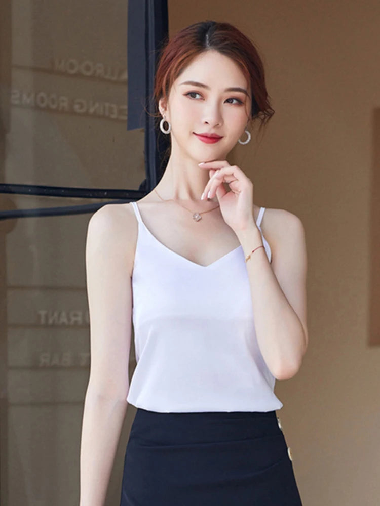 Casual V-Neck Sexy Solid Satin Woman Camis Tank Tops Chiffon Sleeveless Camisole Top Halter Camis Tops