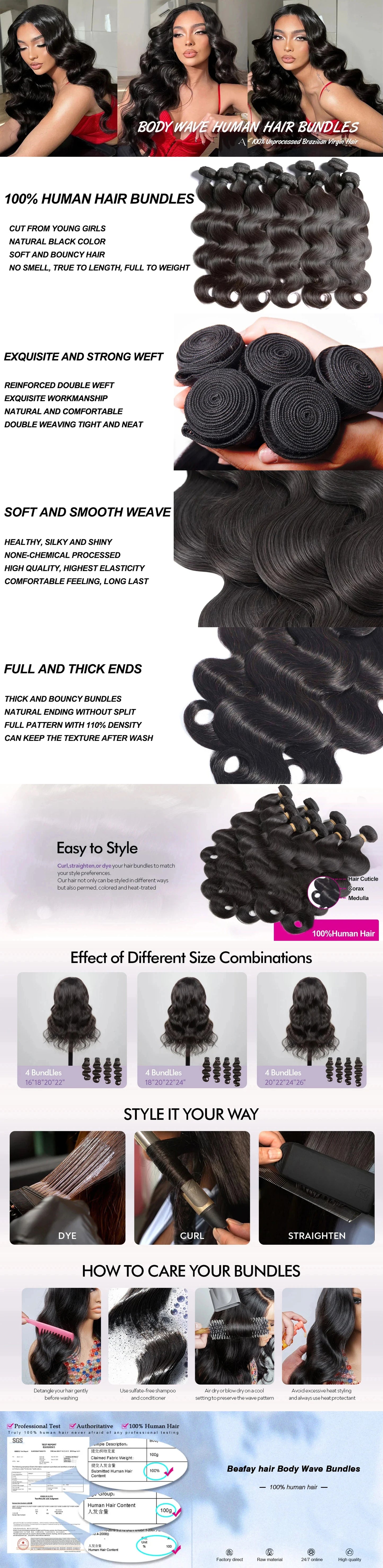 40Inch Body Wave Human Hair Bundles Brazilian Raw Human Hair 1/3/4 Bundles for Women 10A Thick Bundles 3 Days Delivery
