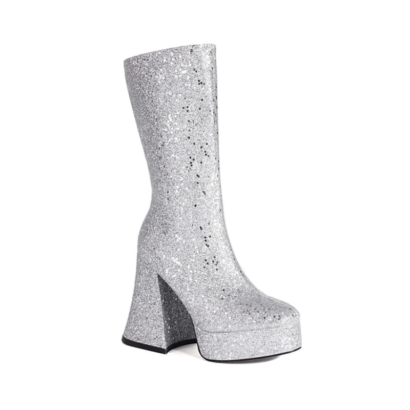 Ochanmeb Women Gold Sequins Boots Platforms Super High Chunky Heels Pink Mid-Calf Boots Gothic Zipper Woman Silver Glitter Shoes