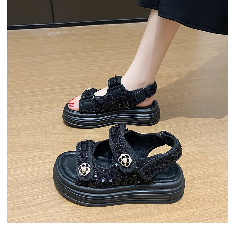 Women's Platform Sandals Handmade Leather Rubber Bottom Flat Sandals Metal Decorative Element Summer Casual Ladies Outdoor Shoes