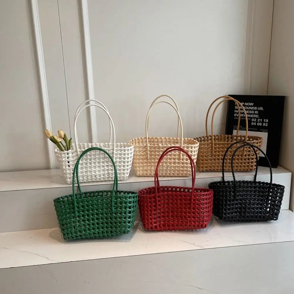 Simple Woven Women's Shoulder Bag Solid Color Large Capacity Tote Bag Hollow Handbag
